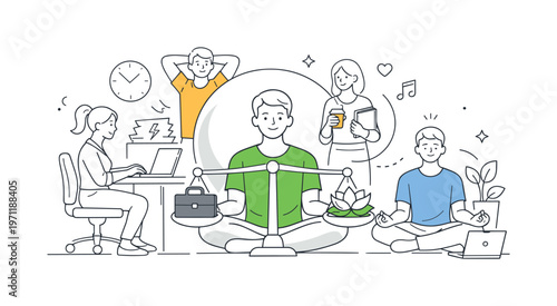 A workplace wellness situation where employees actively manage stress and maintain balance during a busy workday, symbolized by a calm central figure
