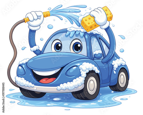 Vászonkép Car Wash Service Mascot Cute Blue Cartoon Car Washing Itself with Hose and Spong