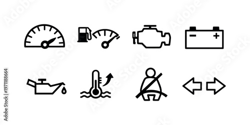 Car dashboard indicators: speedometer, fuel gauge, engine warning light, battery indicator, oil pressure icon, temperature gauge, seatbelt alert, turn