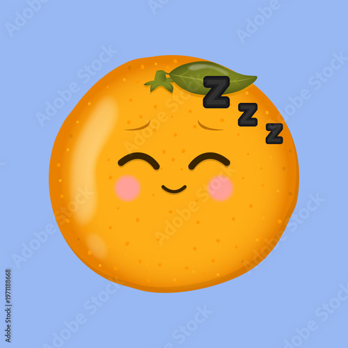 Cute mandarin orange character sleeping kawaii citrus emotion face icon.