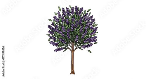 Stylized Lavender Tree Illustration with Purple Flowers and Green Leaves