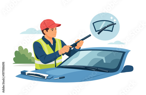 A windshield wiper replacement scene where a person installs new wipers on a car in a simple outdoor setting with attention to safety and visibility