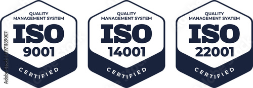 Modern Vector Set of ISO 9001, ISO 14001, ISO 22001 Quality Management System Certified Badges Isolated