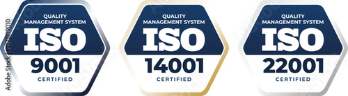 Set of ISO 9001, 14001, 22001 Certified Quality Management System Hexagon Vector Badges