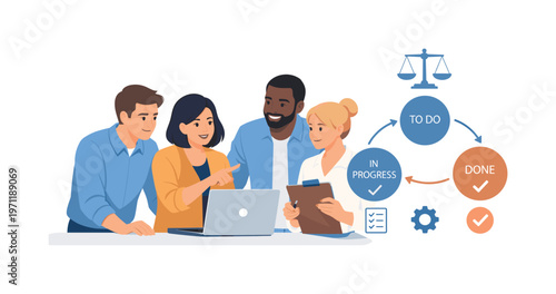 A team coordinating responsibilities in a structured collaboration moment, gathered around a laptop while a simple task distribution diagram appears