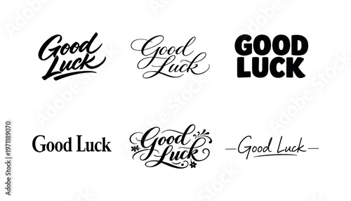 Good Luck  a collection of six different typographic interpretations of the same phrase, arranged in a  grid on a white background