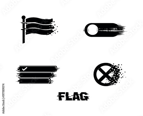 Digital feature flags and runtime toggles theme, a set of 4 glitch-distorted monochrome objects placed on a perfectly clean white background