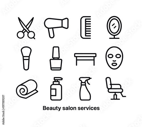 Beauty salon services: hair scissors, hair dryer, comb, mirror, makeup brush, nail polish, massage table, facial mask, towel roll, shampoo bottle