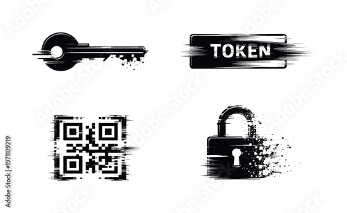 Digital encryption keys and access tokens theme, a set of 4 glitch-distorted monochrome objects placed on a perfectly clean white background