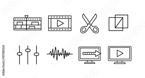 Video editing and post production: timeline editor, video clip, cut scissors, transition effect, color grading sliders, audio waveform, render export
