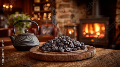 A wide horizontal banner, located on the far right, includes a teapot and a stack of dates on a wooden tray