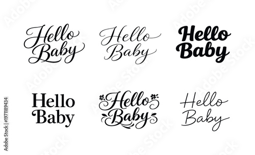 Hello Baby  a collection of six different typographic interpretations of the same phrase, arranged in a  grid on a white background