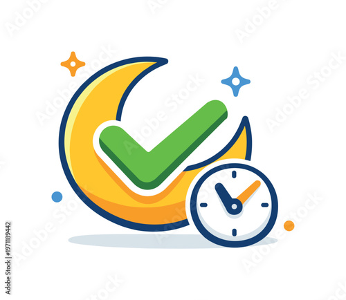 Focus on sleep quality improvement and healthy nighttime routines in busy lifestyles, a crescent moon combined with a checkmark and a small clock
