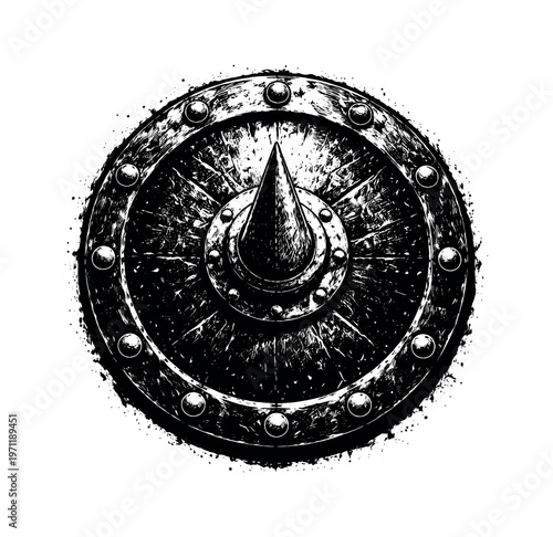 A large spiked medieval shield boss shown in a direct frontal view, enlarged to dominate the frame as a circular armored form on a clean white