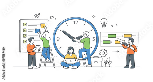A time management and productivity scene featuring a small team organizing tasks around a large clock and checklist board, using a simple visual
