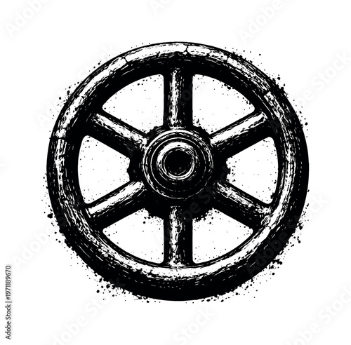 A heavy industrial valve wheel shown in a direct frontal view, enlarged to dominate the frame as a bold circular mechanical form on a clean white