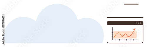 Cloud computing, data analysis, business growth, online services, statistics, performance tracking. A browser window displays a graph with an upward trend next to a cloud shape. Cloud computing