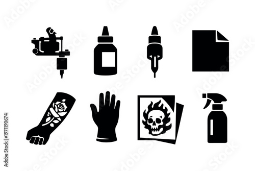 Tattoo studio: tattoo machine, ink bottle, needle, stencil paper, arm with tattoo, glove, sketch design, spray bottle