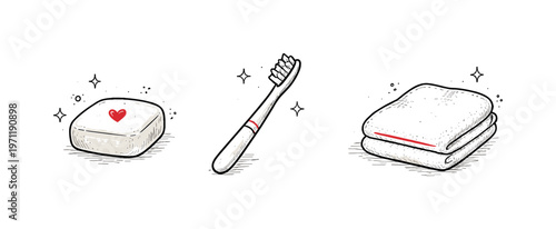 Simple bathroom items theme  a horizontal row of 3 related hand-drawn objects on a white background: a small soap bar with a tiny red heart imprint