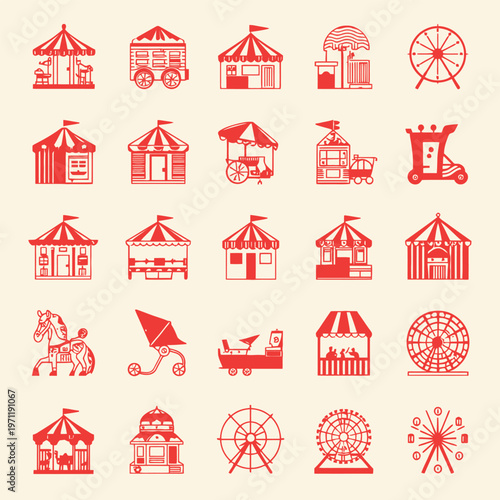 Carnival icons and fairground attractions illustrations