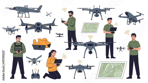 Diverse collection of various drone models and people using remote controllers to fly them illustrated in a clean flat vector style.