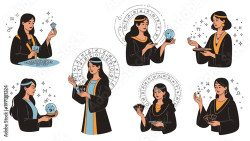 Series of illustrations depicting women practicing divination with crystal balls, astrology charts, and magical tarot cards on a white background.