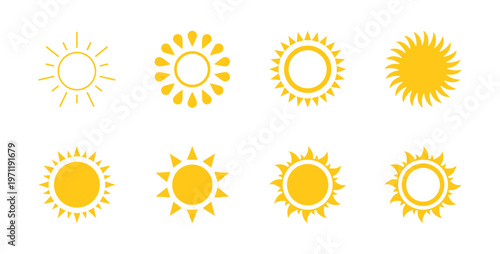 Sun icon set sunset vector. Shine sun ray set. Yellow simple sun, hot, waves, rays, summer, evening, summer weather symbol