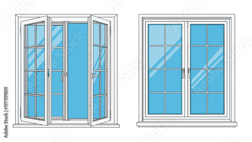 Side by side comparison of a white framed window with blue glass panes showing one open and one closed against a clean white background.