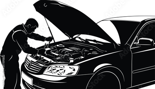 mechanic, repairing, car, engine, under, open, hood, auto, service, maintenance, vehicle, inspection, garage, technician, fixing, automobile, breakdown, repair, workshop, diagnostics