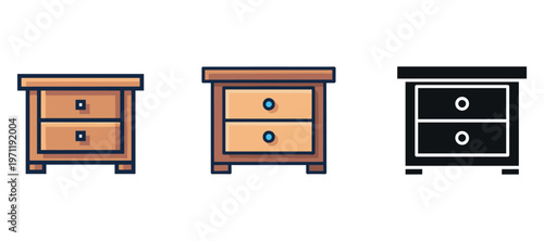 Wooden nightstand icons set with drawers in three styles on white background