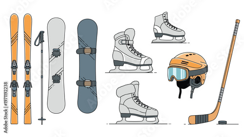 Various winter sports equipment items including skis, snowboards, ice skates, a hockey stick, and a helmet with goggles in a flat style.