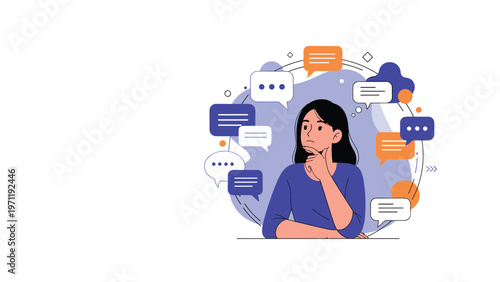 Young woman with a thoughtful expression surrounded by numerous colorful speech and thought bubbles representing various ideas and feedback.