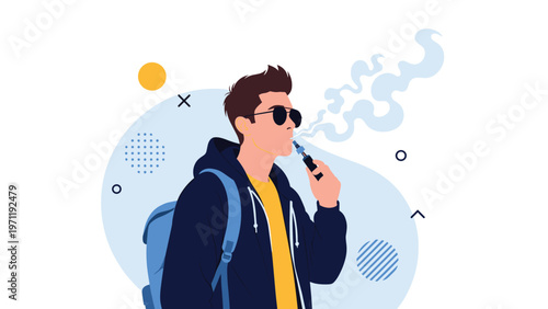 Stylish young man wearing sunglasses and a hoodie exhaling a large cloud of vapor while using an electronic cigarette device in a park.