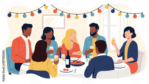 Diverse group of friends sitting around a dinner table enjoying a meal and drinks together at a festive indoor celebration at home.