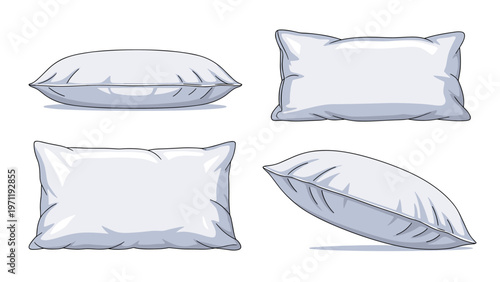 Set of white rectangular bed pillows shown from different angles and perspectives isolated on a white background for product display.
