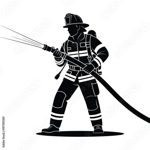 A brave firefighter directs a powerful water stream showcasing courage and duty silhouette