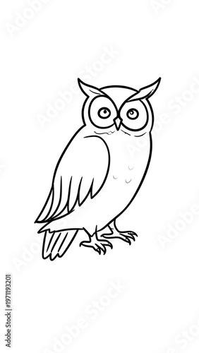 A monochrome illustration presents a stylized owl with pointed ear tufts. It's in profile, perched, simple lines defining details