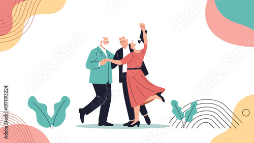 Group of happy elderly friends dancing together with joy at a social event or celebration against a colorful abstract background.
