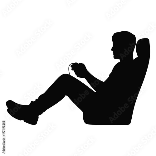 A relaxed person reclines in a chair intently focused on a handheld game controller silhouette