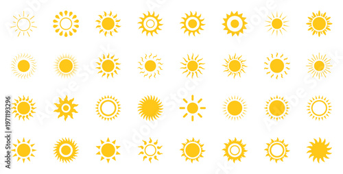Sun icon set sunset vector. Shine sun ray set. Yellow simple sun, hot, waves, rays, summer, evening, summer weather symbol