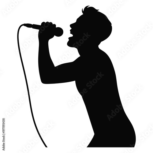 A dynamic singer passionately performing with a microphone and cable presented as a silhouette