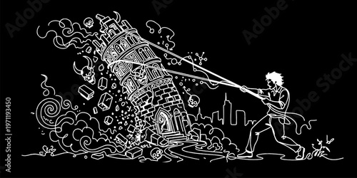 Man Pulling Down Ancient Gothic Tower White Line Art on Black Background