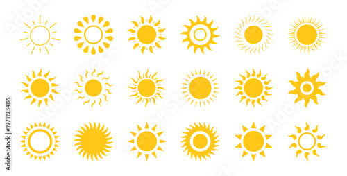 Sun icon set sunset vector. Shine sun ray set. Yellow simple sun, hot, waves, rays, summer, evening, summer weather symbol