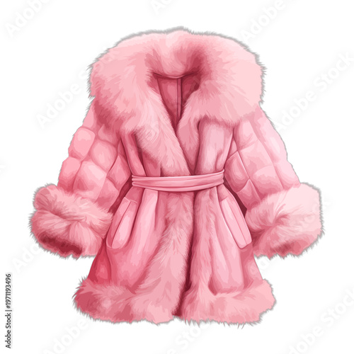 Pink Faux Fur Quilted Puffer Coat with Belted Waist, Winter Fashion Illustration Clipart
