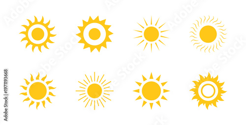 Sun icon set sunset vector. Shine sun ray set. Yellow simple sun, hot, waves, rays, summer, evening, summer weather symbol