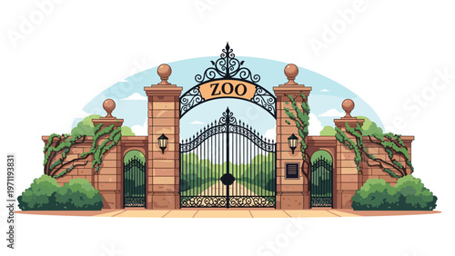 Grand stone entrance gate of a zoo featuring an arched black metal fence decorative pillars climbing ivy and lush green landscaping.