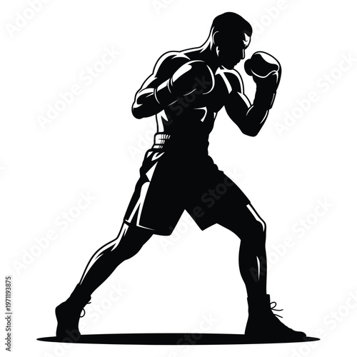 A powerful boxer prepares to strike showcasing athleticism and determination in a dynamic silhouette