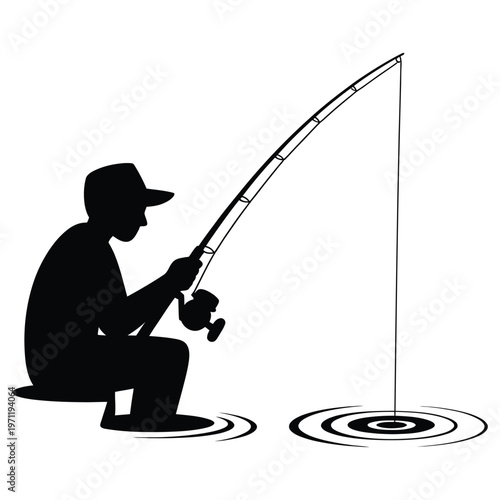 A solitary fisherman sits patiently with his rod casting a line into calm waters silhouette