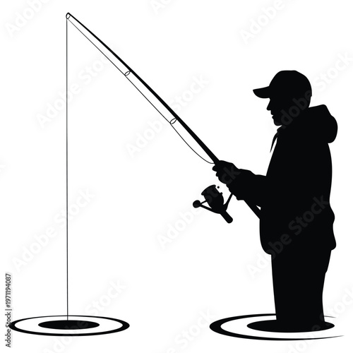 A solitary fisherman sits patiently with his rod casting a line into calm waters silhouette