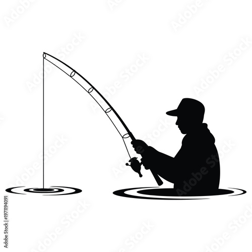 A solitary fisherman sits patiently with his rod casting a line into calm waters silhouette